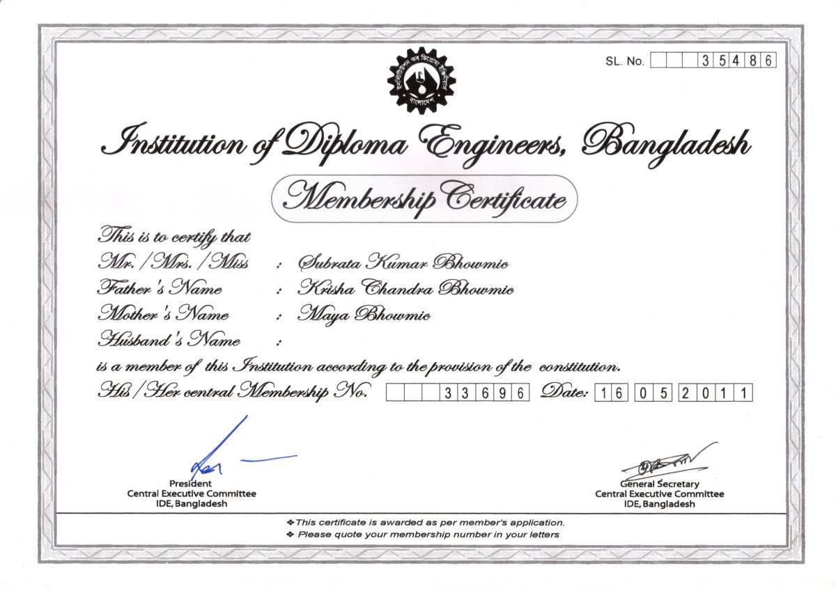 Membership Certificate - Institution of Diploma Engineers, Bangladesh