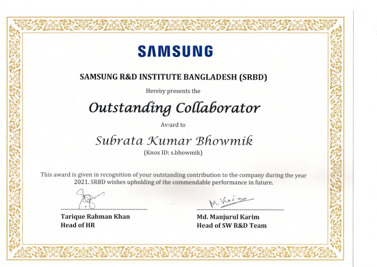 Outstanding Collaborator award - Samsung Research Bangladesh