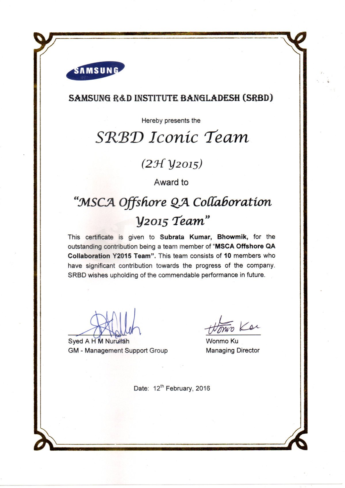 SRBD Iconic Team award - 2H 2015